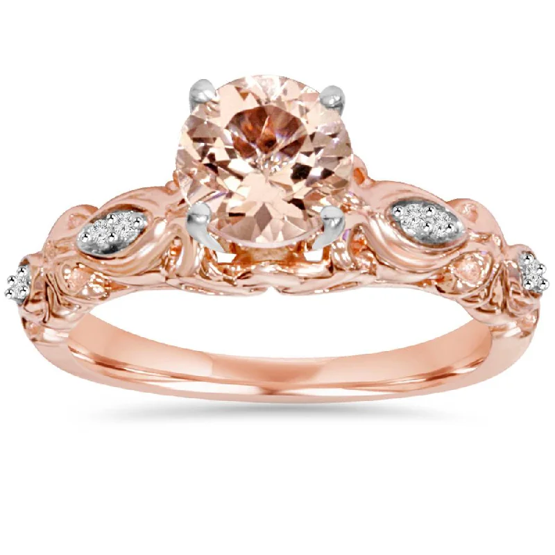 Rings with vintage-inspired rose-cut diamonds -1 Carat Morganite & Diamond Vintage Ring 14K Rose Gold