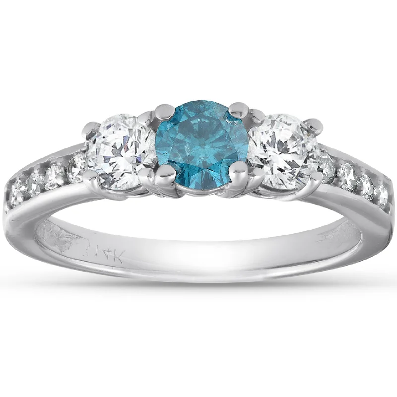 Rings with vine-wrapped bands for nature -1 Carat Three Stone Blue & White Diamond Ring 14K White Gold