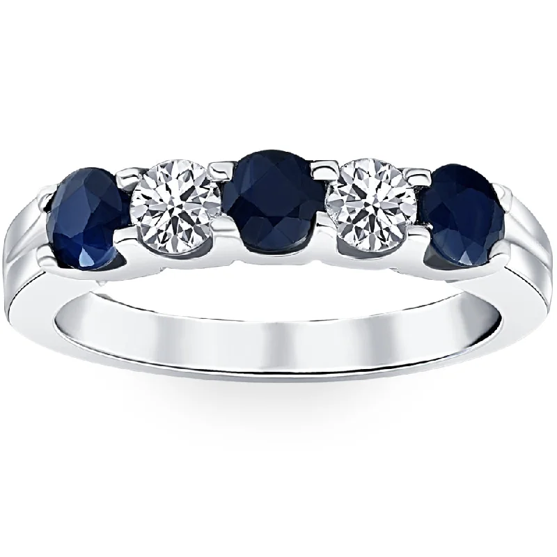 Rings with crescent moon for lunar charm -1 Ct Blue Sapphire Diamond Five Stone Wedding Anniversary Ring 14K White Gold