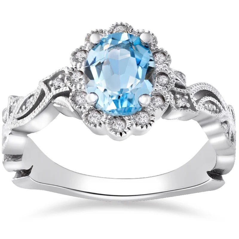 Dainty rings with subtle engraved star motifs -1 ct Oval Blue Topaz & Diamond Vintage Halo Vine Petal Ring 14k White Gold