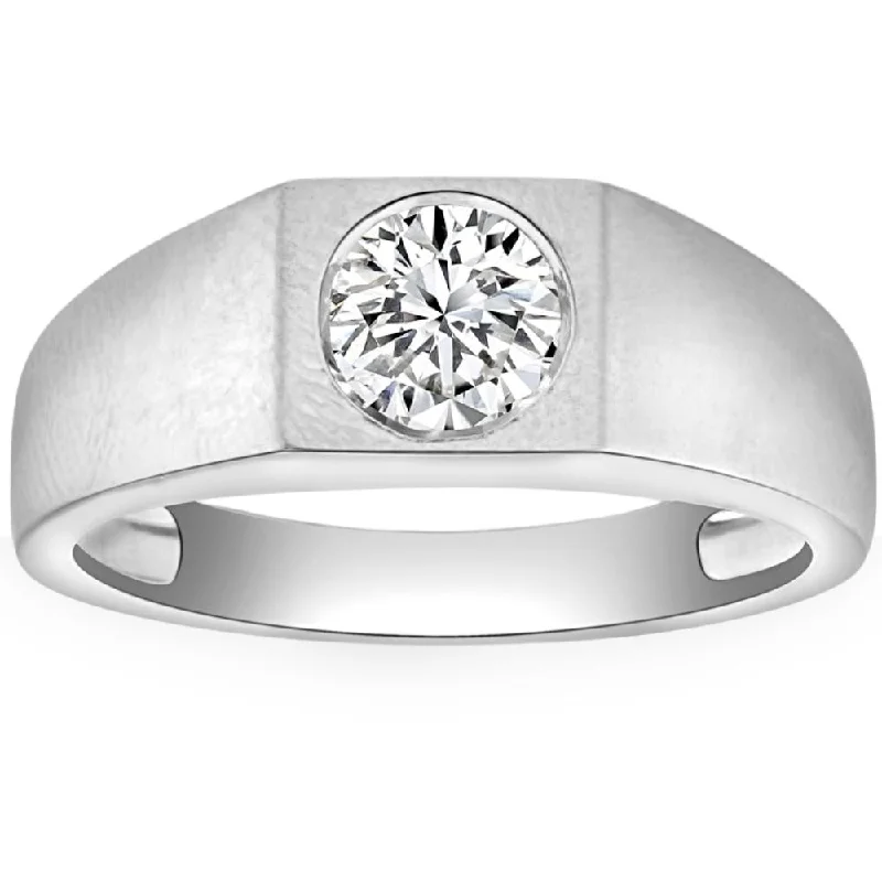 Rings with oxidized bands for vintage edge -1 Ct Solitaire Lab Grown Men's Diamond Wedding Ring in 10k White Gold