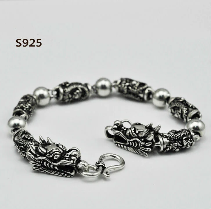 Chunky bangle bracelets with metallic finishes for a bold and statement-making look-100% Real Pure 925 Silver men bracelet Wholesale Genuine fine double dragon