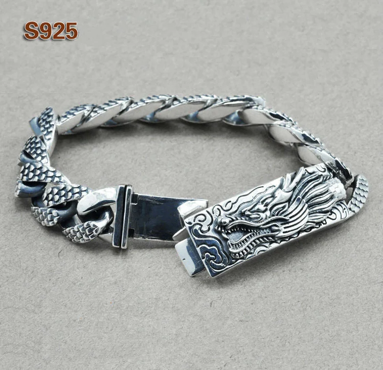 Best bangle bracelets with engraved floral patterns for a delicate and elegant design-100% Real Pure 925 Silver men jewelry Wholesale Genuine Men bracelet dragon