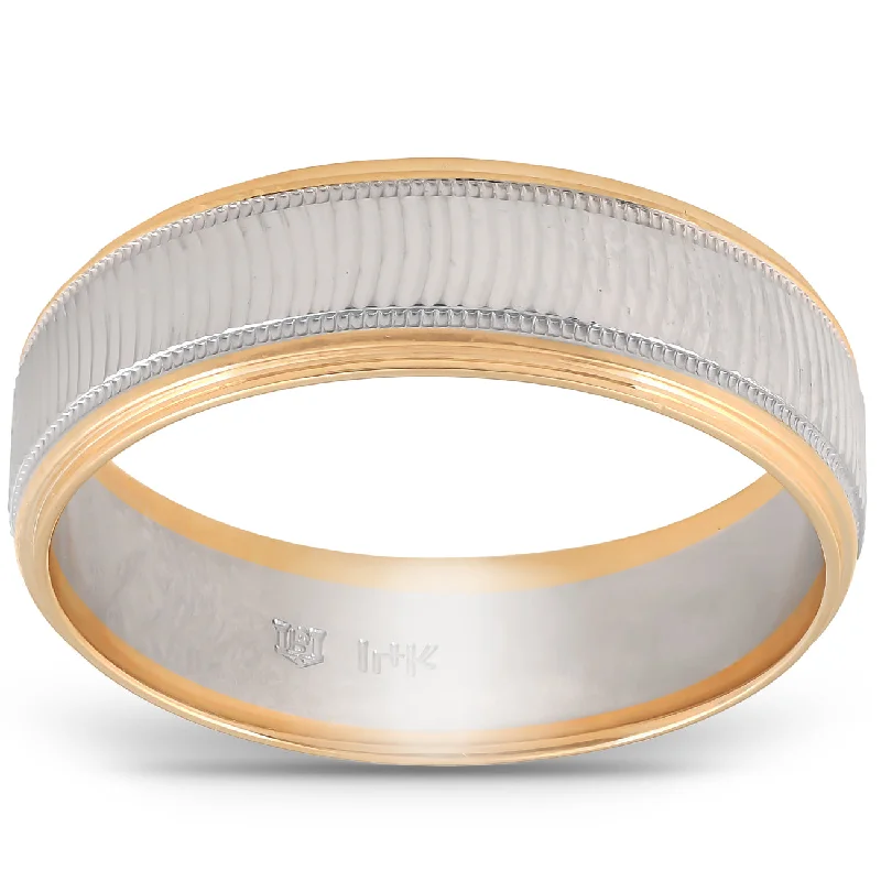 Titanium rings with rugged brushed metal look -14k Gold Mens 6mm Two Tone Wave Cut Ring Wedding Band