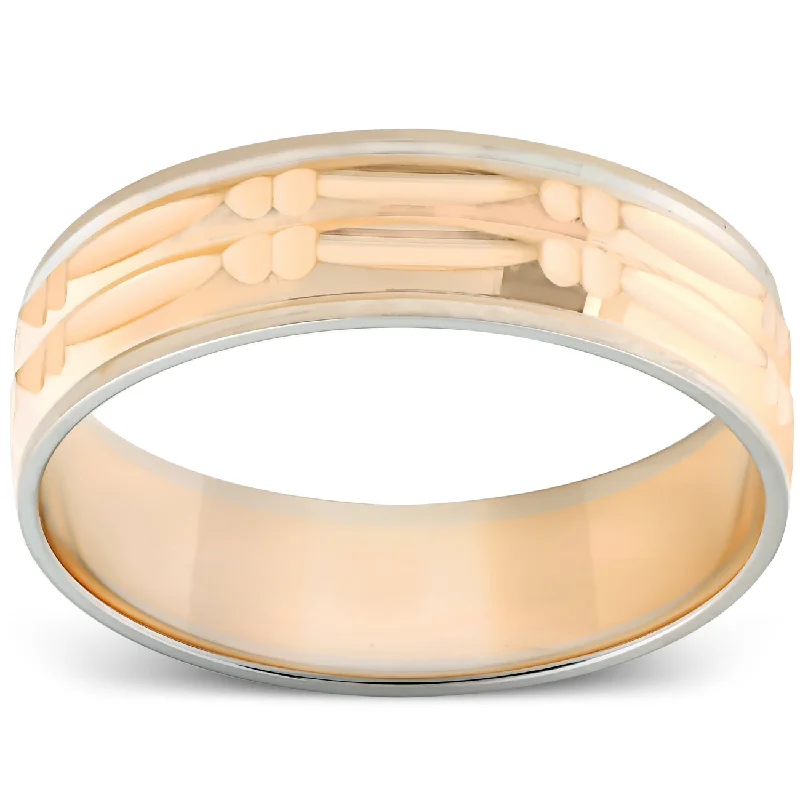 Rings with double bands for modern twist -14k Gold Mens Two Tone Swiss Cut Ring Wedding Band