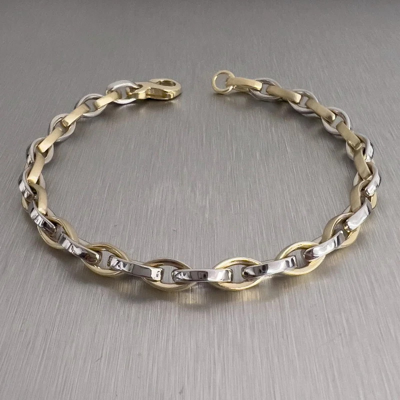 Stacked bangle bracelets with alternating textures for a dynamic, trendy look-14k White & Yellow Gold Two Tone Fancy Marquise Link Chain Bracelet 8" 19.6g