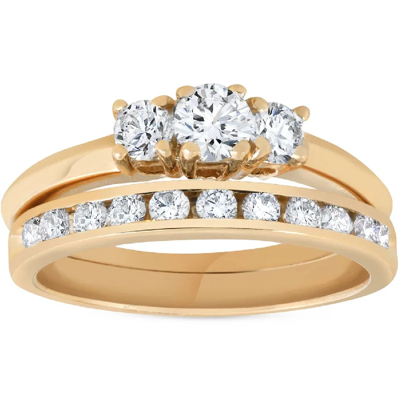 Stackable rings with mixed metal finishes -14k Yellow Gold 1ct Diamond Engagement Wedding Ring Set 3Stone Channel Set Round