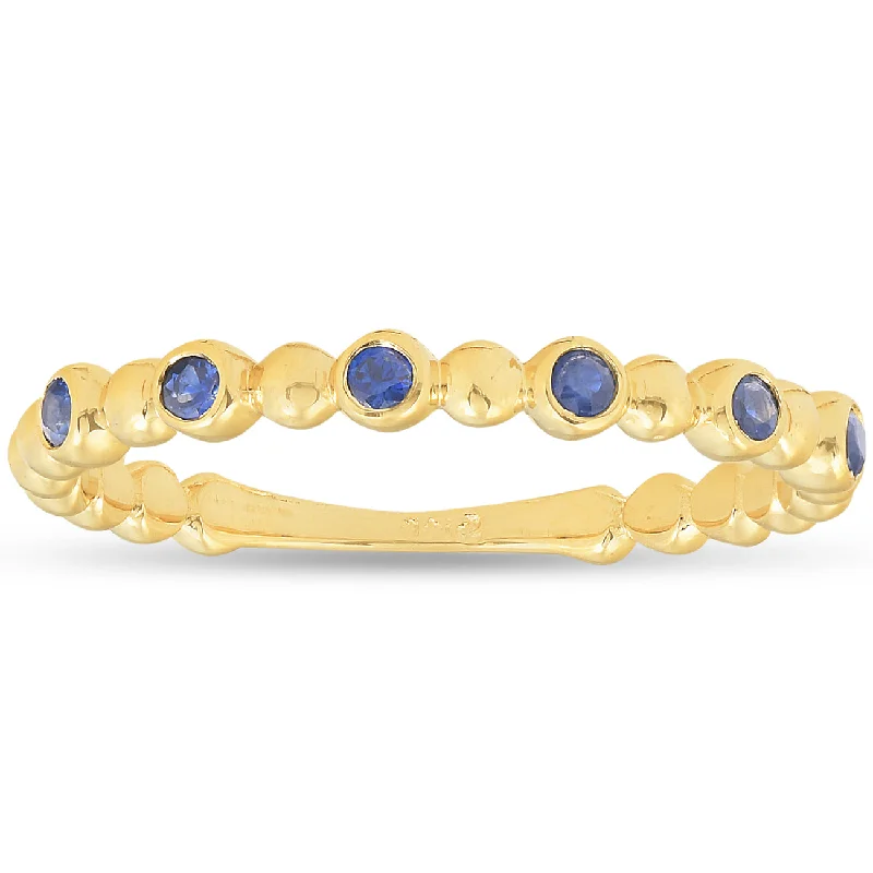 Rings with pave-set gemstones for brilliance -14k Yellow Gold Blue Sapphire Ring 1/8ct Womens Stackable Beaded Band