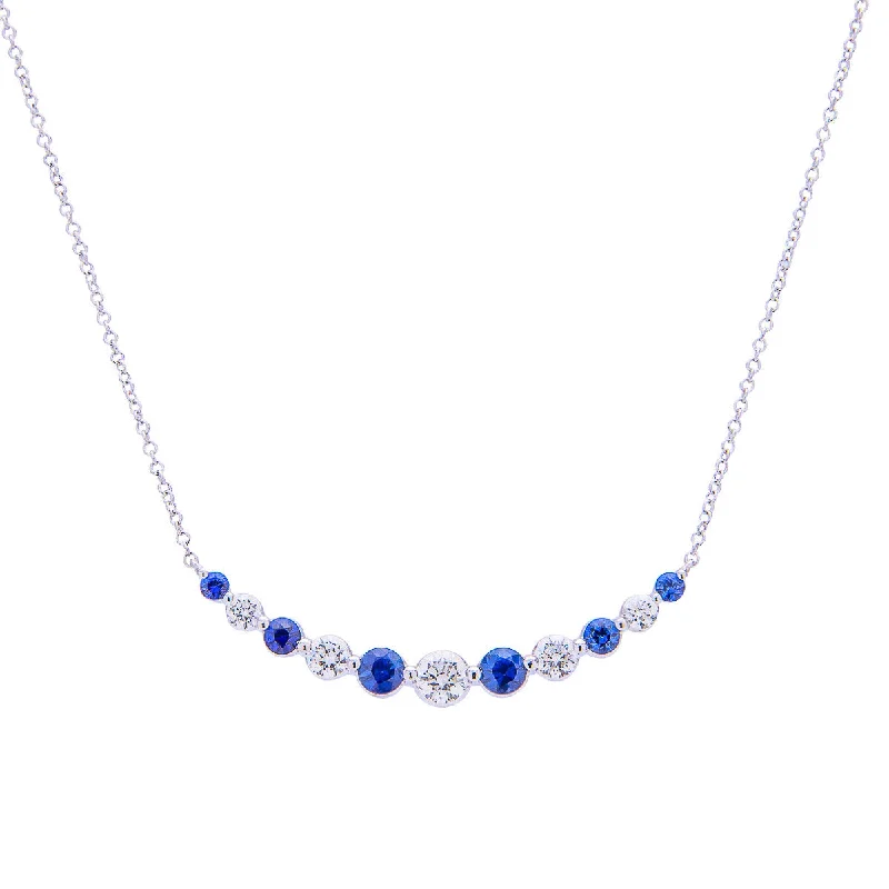 Beautiful necklaces and pendants with geometric shapes for a modern, artistic design-Sabel Collection White Gold Round Diamond and Sapphire Curved Bar Necklace