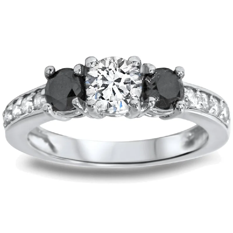 Rings with bezel-set peridot for safety -1ct Black & White Diamond 3 Stone Ring 14K White Gold