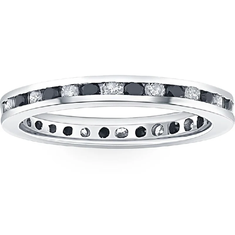 Rings with raw topaz for icy charm -1ct Black & White Diamond Eternity Ring 14K White Gold Band