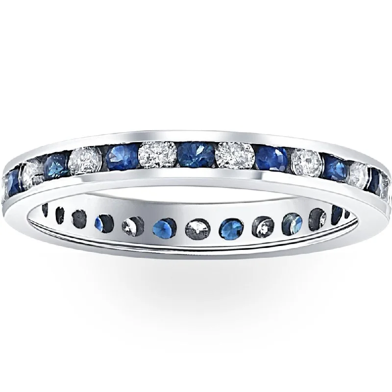 Rings with knot motifs for symbolic love -1CT Blue Sapphire & Diamond Channel Set Eternity Wedding Ring 14K White Gold