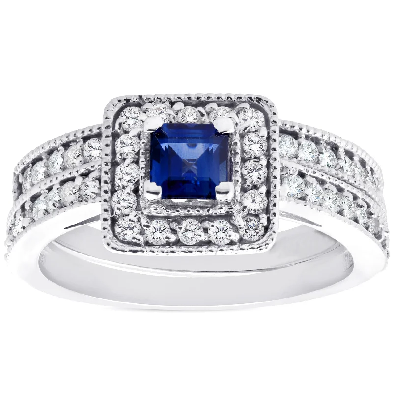 Rings with sunstone gems for fiery sparkle -1ct Blue Sapphire Princess Cut Halo Diamond Ring Set 14K White Gold