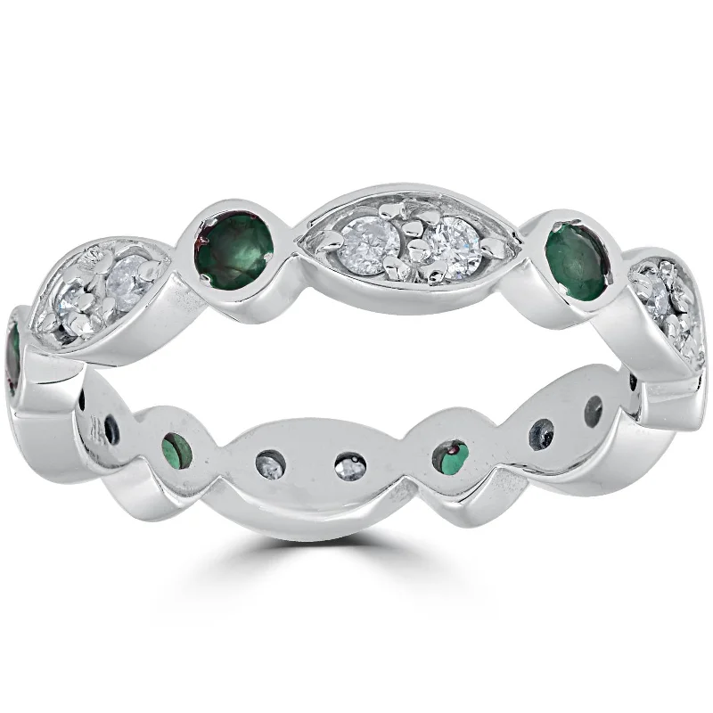 Rings with faceted garnet for deep shine -1ct Diamond & Imitation Green Emerald Vintage Eternity Ring 14K White Gold