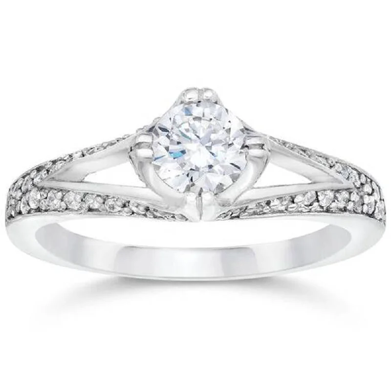 Rings with floral halo diamond arrangements -1ct Diamond Split Shank Vintage Engagement Ring 14K White Gold