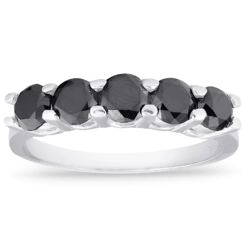 Simple rings with polished black onyx shine -1ct Five Stone Black Diamond Wedding Ring 14K White Gold