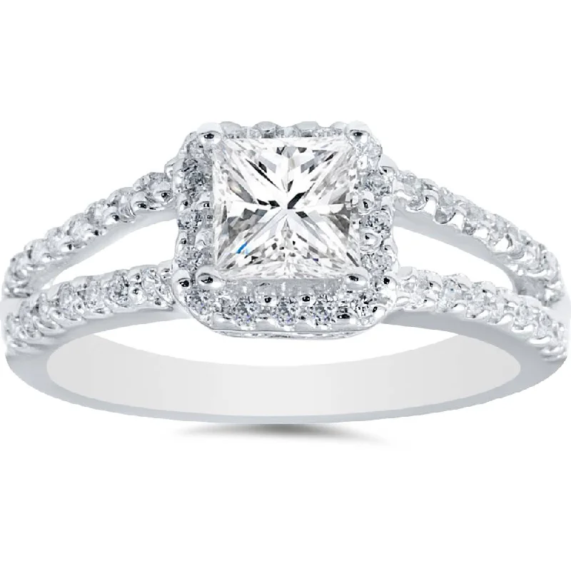 Dainty rings with subtle engraved star motifs -1ct Halo Split Shank Princess Cut Vintage Diamond Engagement Ring 14K White Gold