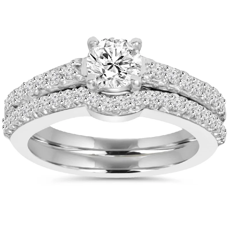 Rings with etched floral bands for detail -1ct Pave Diamond Engagement Wedding Matching Ring Set 14K White Gold Round Cut