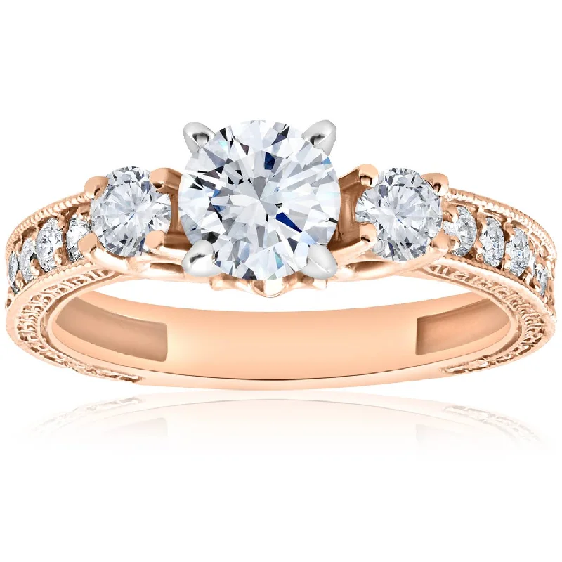 Rings with spiral designs for eye-catching twist -1ct Vintage Diamond 3 stone Engagememt Ring 14K Rose Gold