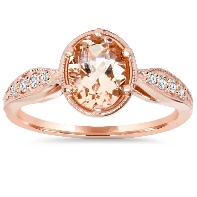 Rings with oxidized silver for antique appeal -1ct Vintage Morganite & Diamond Ring 14K Rose Gold