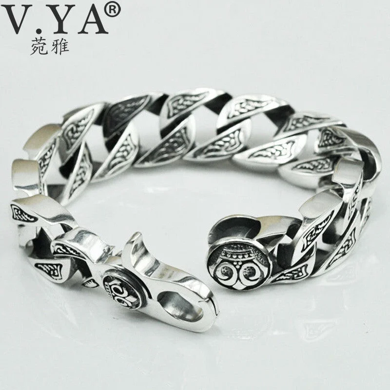 Stainless steel bangle bracelets with polished finishes for a sleek and durable design-V.YA Pure Handmade Men Jewelry 100% 925 sterling Silver Bracelet Black