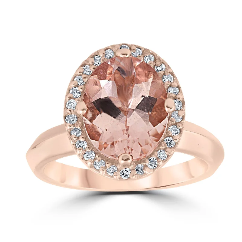 Rings with pave-set gemstones for brilliance -2 1/10ct Oval Morganite Halo Vintage Diamond Engagement Ring 14k Rose Gold