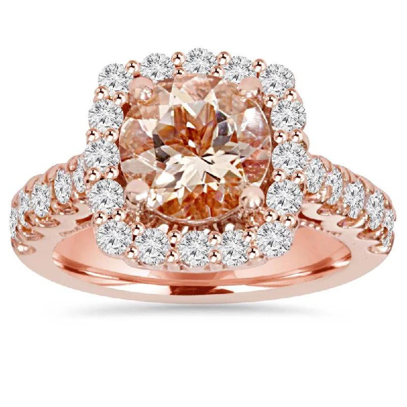 Rings with pave ruby for dazzling sparkle -2 1/2CT Morganite & Diamond Cushion Halo Engagement Ring 14K Rose Gold