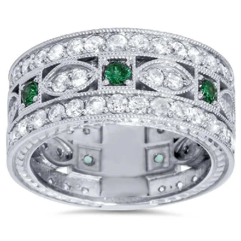 Rings with carved onyx for bold sleekness -2 1/4ct Vintage Diamond & Emerald 3/4 Eternity Ring 9.5mm Wide 14K White Gold