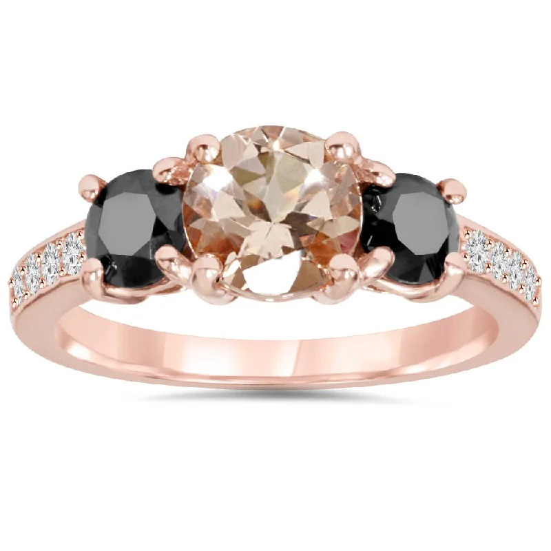 Rings with bezel-set peridot for safety -2.10Ct Morganite & Black Diamond Engagement 3-Stone Ring 14K Rose Gold