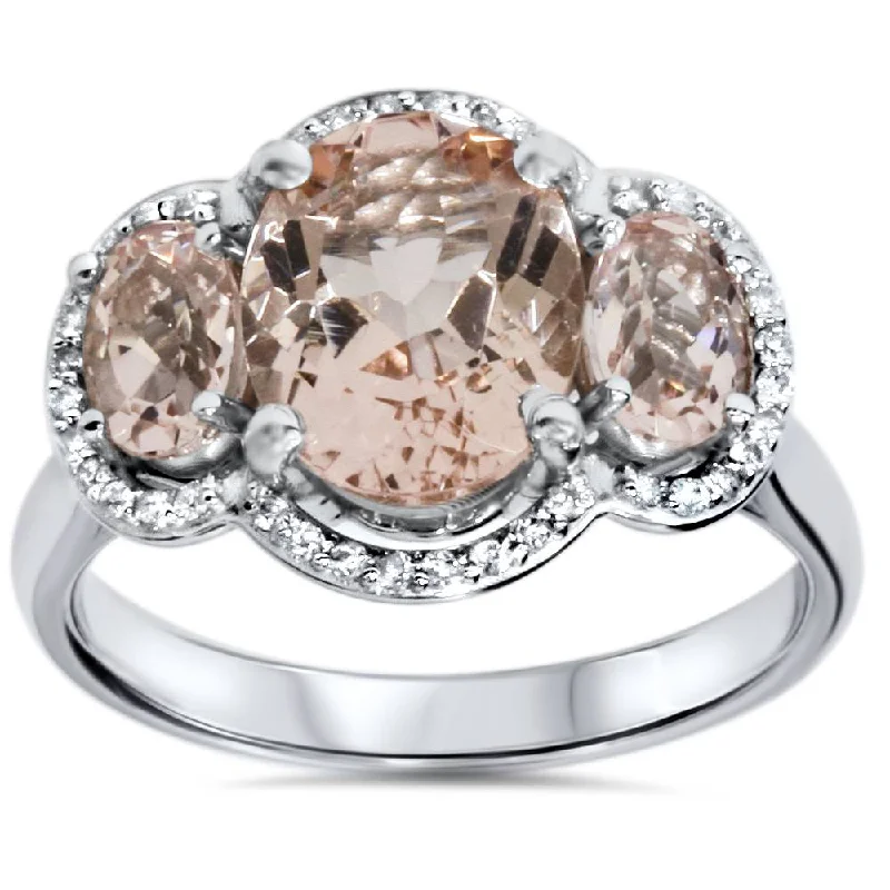 Rings with lotus flower engravings for peace -2 3/4ct 3 Stone Oval Morganite & Diamond Halo Ring 14K White Gold