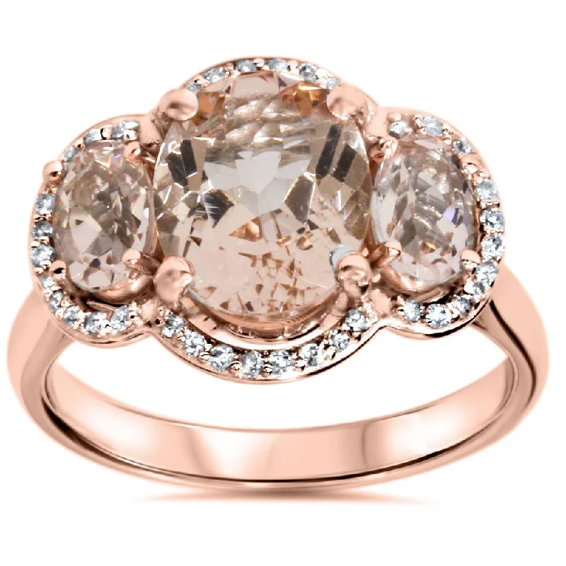 Rings with faceted aquamarine for sea glow -2 3/4ct Morganite 3 Stone Diamond Oval Halo Ring 14K Rose Gold