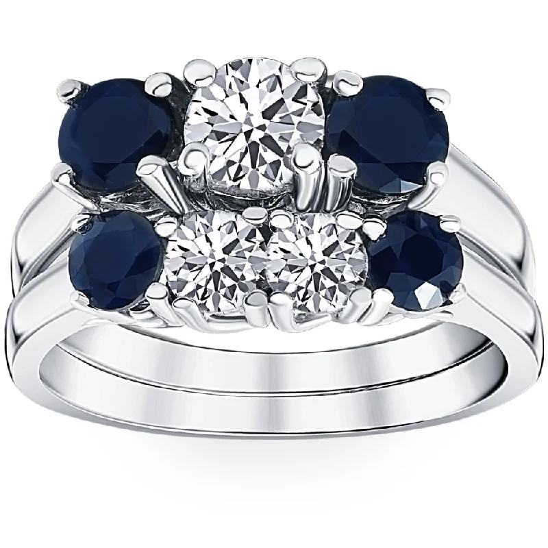 Titanium rings with rugged brushed metal look -2 3/4ct Treated Blue Sapphire & Diamond Three Stone Ring Set 14K White Gold