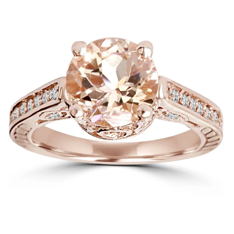 Rings with blue quartz for cool tones -2 Carat Morganite & Diamond Vintage Engagement Ring 14K Rose Gold