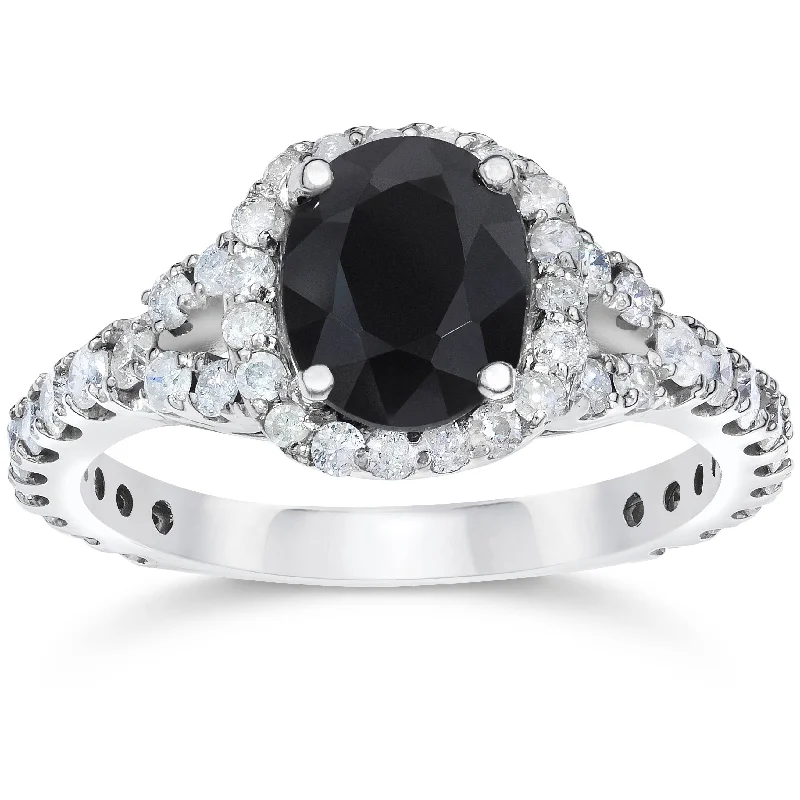 Rings with spiral designs for eye-catching twist -2 ct Black Sapphire & Diamond Cushion Halo Engagement Ring 14K White Gold