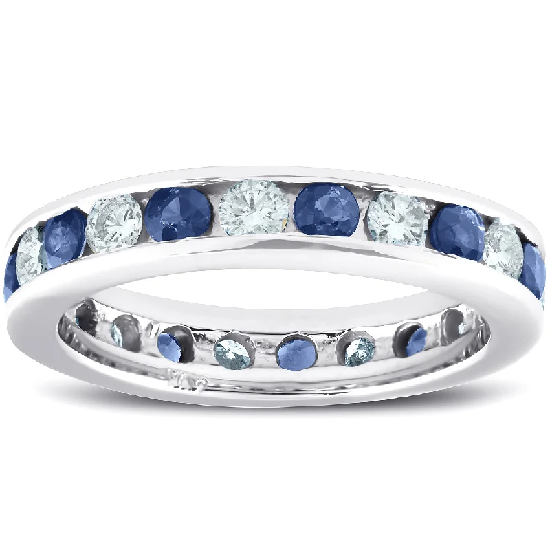 Rings with wide bands for statement wear -2ct Blue Sapphire & Diamond Channel Set Eternity Ring 14K White Gold