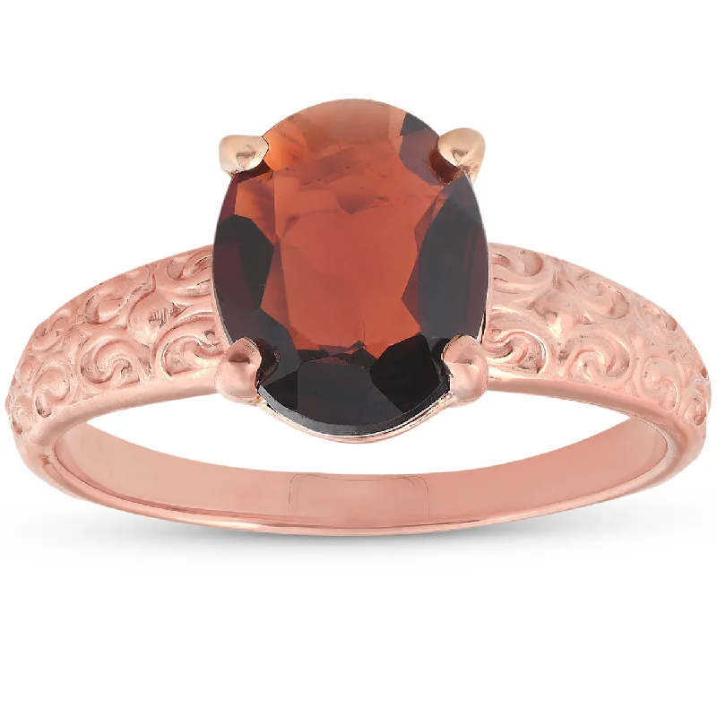 Rings with natural amber for warm glow -2ct Oval Garnet Vintage Engagement Ring 10K Rose Gold