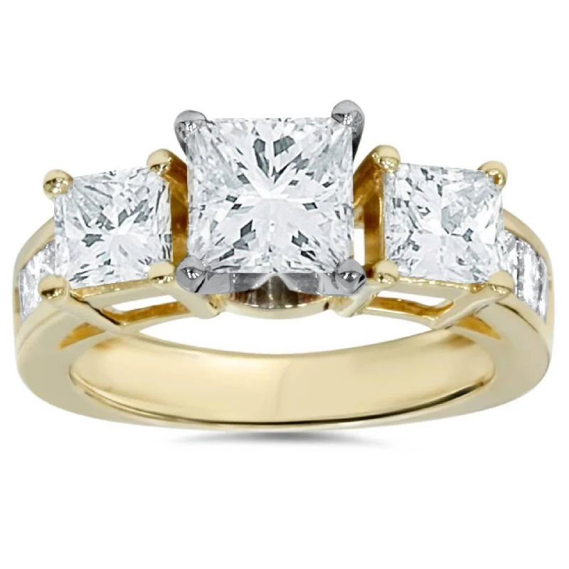 Dainty rings with subtle engraved star motifs -2ct Princess Cut Diamond 3 stone Engagement Ring 14K Yellow Gold