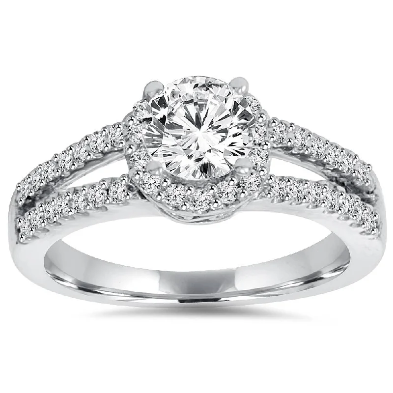 Rings with hammered silver for rustic appeal -3/4 Ct Halo Split Shank Lab Created Diamond Engagement Ring 14K White Gold