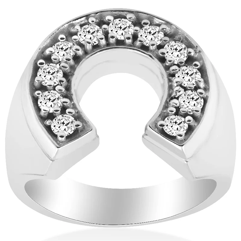 Gold rings with intricate celtic knot patterns -3/4 Ct Men's Diamond Horseshoe Lucky Pinkie Ring 10k White Gold Fashion