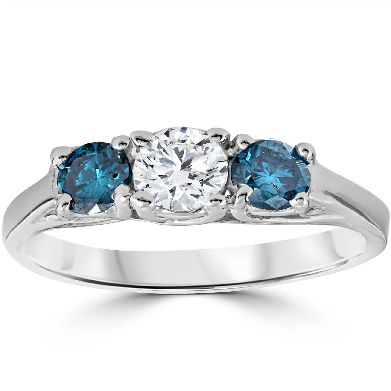 Rings with polished opal for iridescent beauty -3/4ct 3 Stone Blue & White Diamond Trellis Engagement Ring 14K White Gold