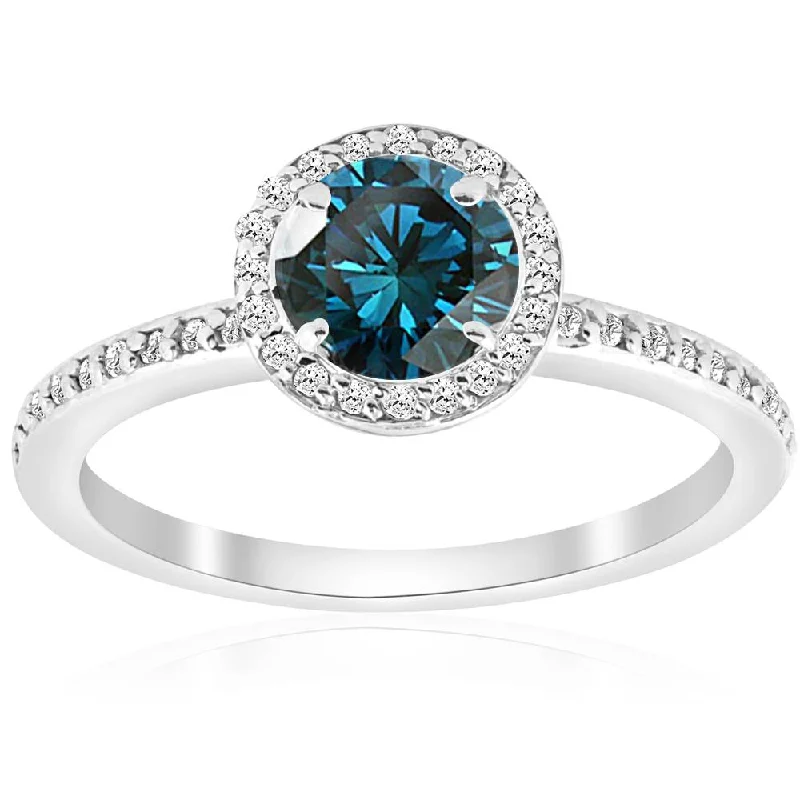 Rings with peacock ore for iridescent glow -3/4ct Blue Diamond Halo Ring 14K White Gold