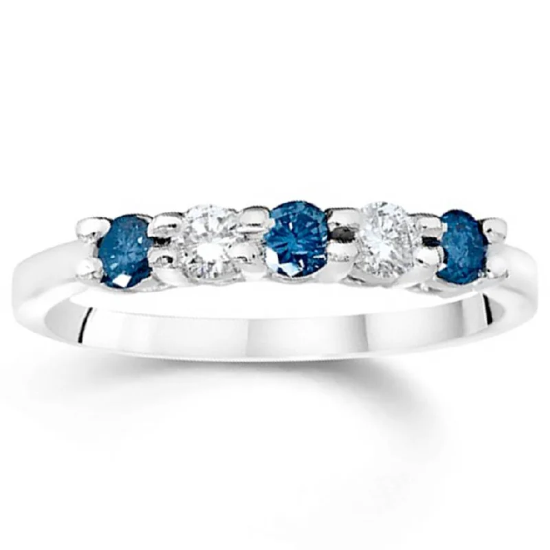 Rings with polished tourmaline for vibrant shine -3/4Ct Blue & White Diamond Five Stone Wedding Ring in White Gold