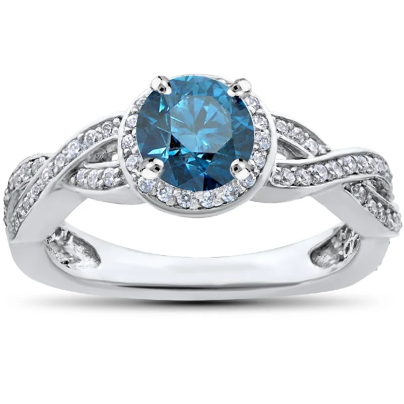 Handcrafted rings with raw emerald rough stones -3/4ct Blue & White Diamond Halo Infinity Engagement Ring 14K White Gold