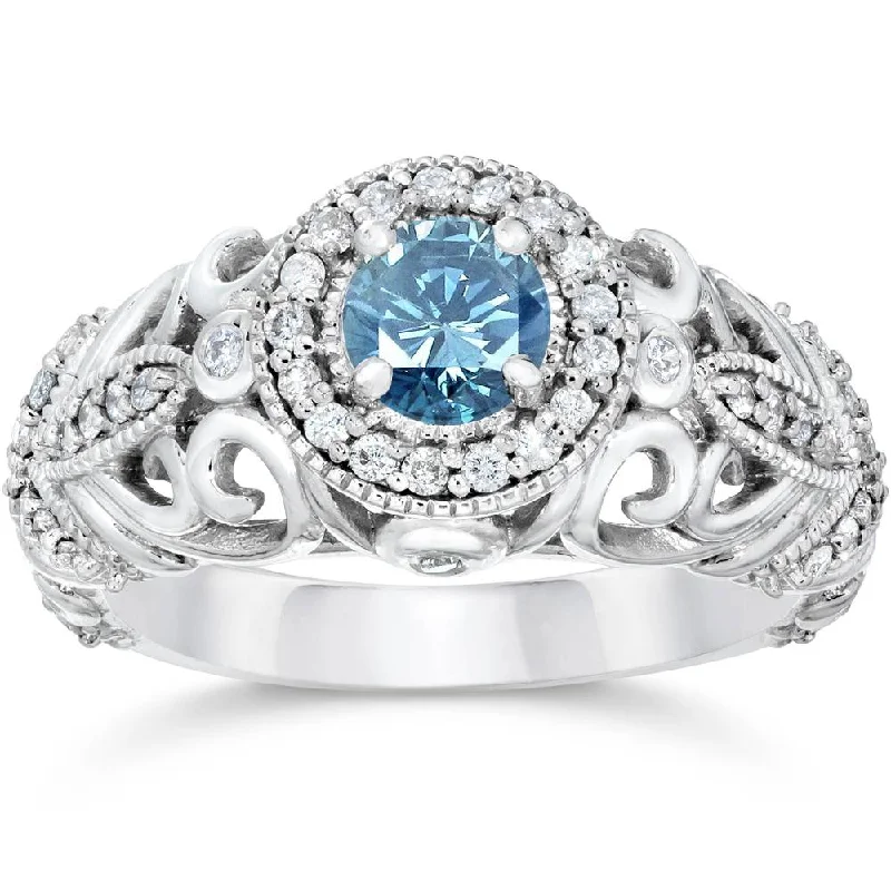 Minimalist rings with tiny diamond dot accents -3/4ct Blue & White Diamond Vintage Halo Engagement Ring 14K White Gold