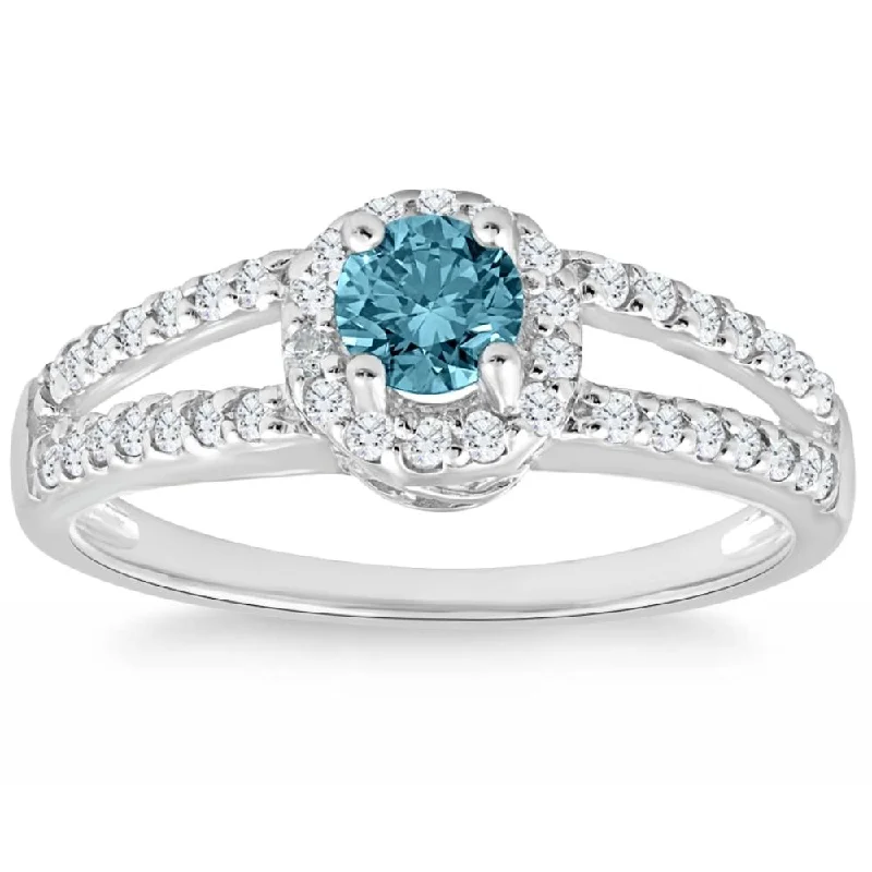 Rings with herkimer diamonds for raw clarity -3/4ct Halo Split Shank Treated Blue Diamond Engagement Ring 14K White Gold