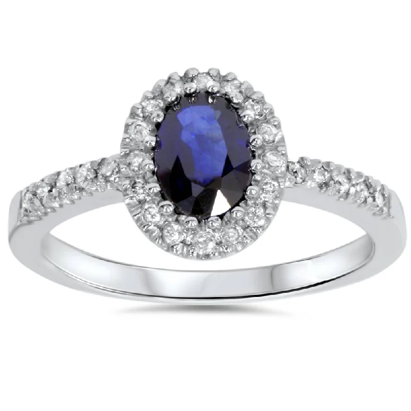 Rings with raw jade for natural calm -3/4ct Oval Blue Sapphire Halo Diamond Ring 14K White Gold