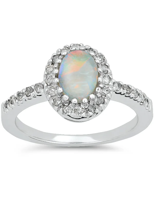 Rings with natural amber for warm glow -3/4ct Oval Opal & Diamond Halo Ring 14K White Gold