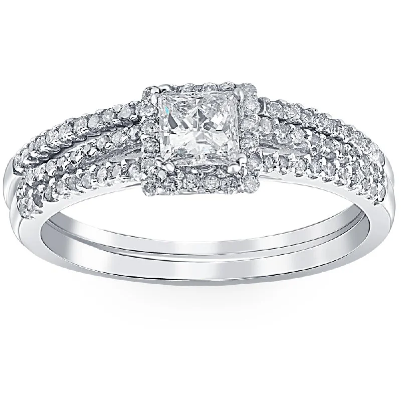 Rings with shield-shaped stones for boldness -3/4ct Princess Cut Split Shank Engagement Ring Set 14K White Gold