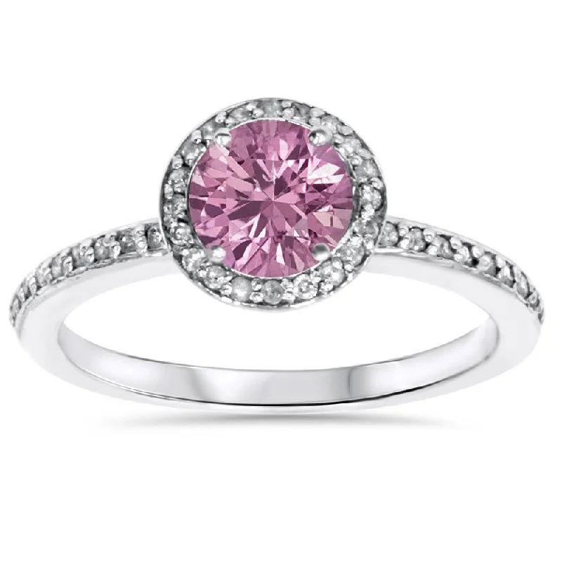 Rings with channel-set turquoise for color -3/4ct Simulated Pink Sapphire & Genuine Diamond Halo Ring 14K White Gold