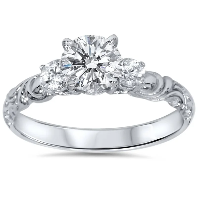 Rings with pave-set gemstones for brilliance -3/4ct Vintage 3 Stone Diamond Engagement Ring 14K White Gold